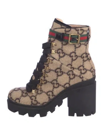Pre-owned Gucci Web Accent Wool Combat Boots In Neutrals
