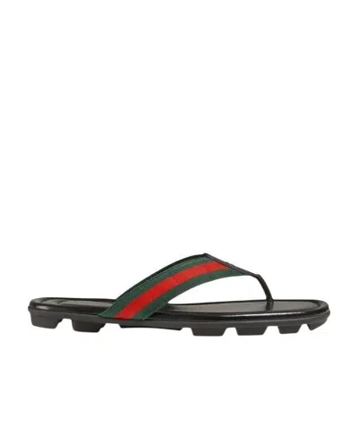 Gucci Men's Web Leather Thong Sandals In Black