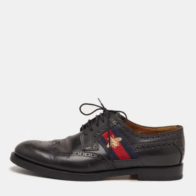Pre-owned Gucci Web Bee Size 43.5 Black Leather Lace Up Wingtip Brogue Derby