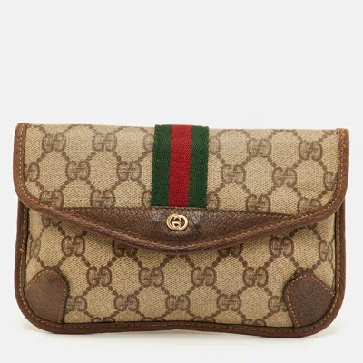 Pre-owned Gucci Web Beige Gg Supreme Canvas And Leather Clutch In Sand