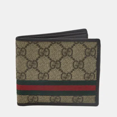 Pre-owned Gucci Web Beige/brown Gg Supreme Canvas And Leather Bifold Wallet In Sand