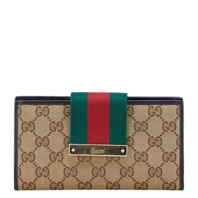 Pre-owned Gucci Web Brown Canvas Leather Long Wallet (bi-fold) ()