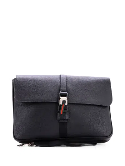 Pre-owned Gucci Web Buckle Wristlet Briefcase Leather Business Bag In Black