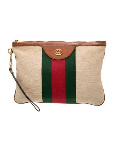 Pre-owned Gucci Web Canvas Interlocking G Web Clutch In Brown