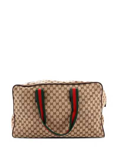 Pre-owned Gucci Web Carry On Duffle Bag Gg Canvas Large Travel Bag In Brown