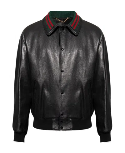 Gucci Web-collar Leather Bomber Jacket In Black