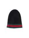 Gucci Ribbed Black Beanie With Striking Greenaccent In Black