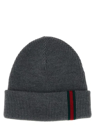 Gucci Men Wool Beanie With Web Detail In Gray