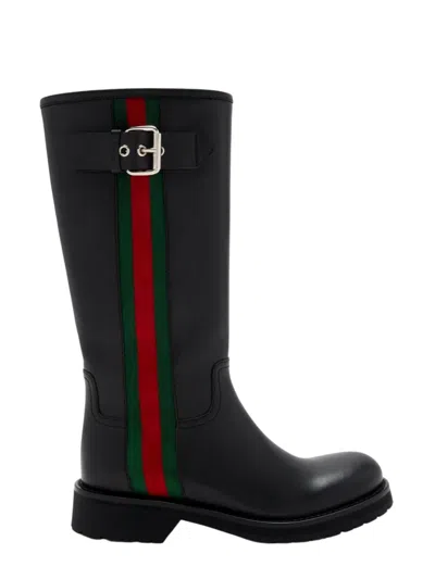 Gucci Web Detail Biker Boots In Smooth Calf Leather With Silver-tone Hardware In Black