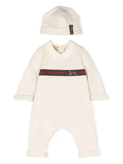 Gucci Babies' Web-detail Cotton Romper In Neutrals