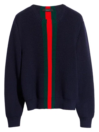 Gucci Web Detail Crewneck Sweater With Long Sleeves And Rib Trim In Blue