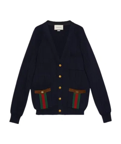 Gucci Web-detail Knitted Cardigan In Blue