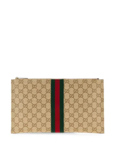 Gucci Web Detail Large Pouch In Beige