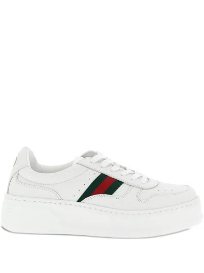 Gucci Women White Sneakers With Web Detail And Oversized Sole In Leather Woman