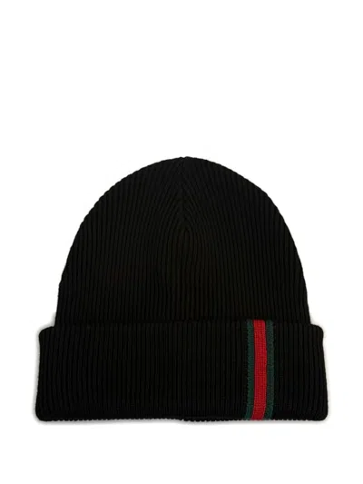 Gucci Web Detail Wool Beanie In Black
