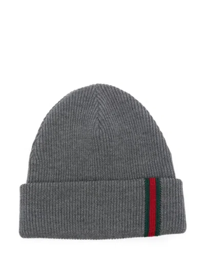 Gucci Web Detail Wool Beanie In Gray