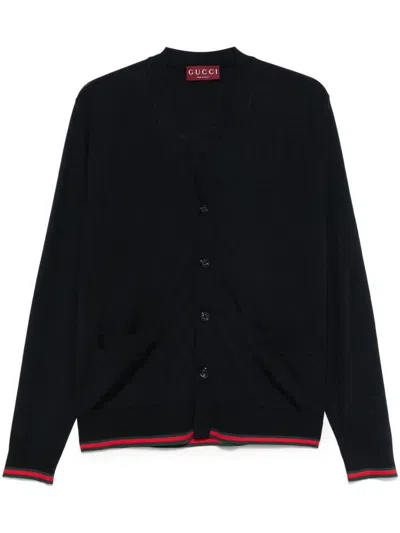 Gucci V-neck Cardigan Green And Red Trim In Blue