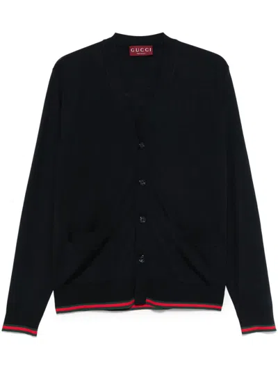 Gucci Knitted Wool Cardigan With Web Pattern In Black
