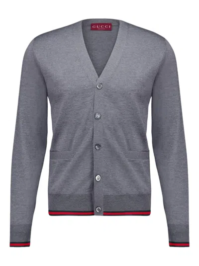 Gucci Wool Knit Cardigan With Web In Gray