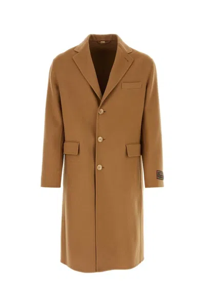 Gucci Web Detailed Felted Coat In Brown