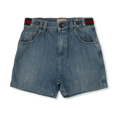 Gucci Kids' Web Detailed Mid-rise Denim Shorts In Blue