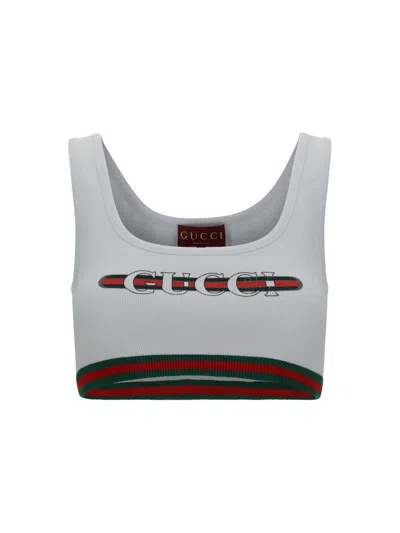 Gucci Web Detailed Ribbed Crop Top In White