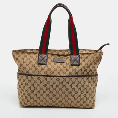 Pre-owned Gucci Web Diaper Beige Gg Canvas Tote In Sand