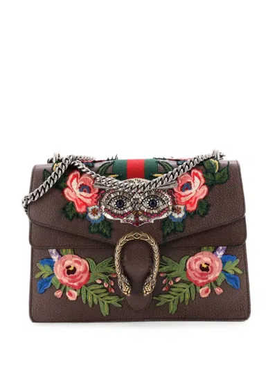 Pre-owned Gucci Web Dionysus Bag Embellished Leather Medium Shoulder Bag In Brown