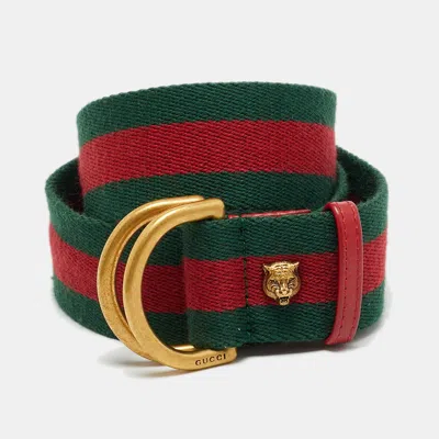 Pre-owned Gucci Web Feline D Ring 70cm Belt Green/red Canvas