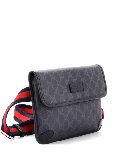 Pre-owned Gucci Web Flap Gg Coated Canvas Belt Bag In Black
