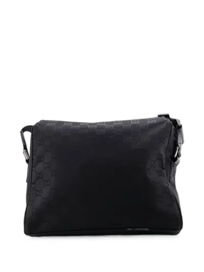 Pre-owned Gucci Web Flap Ssima Nylon Medium Crossbody Bag In Black