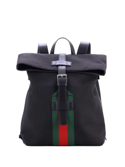 Pre-owned Gucci Web Fold Over Techno Canvas Medium Backpack In Black