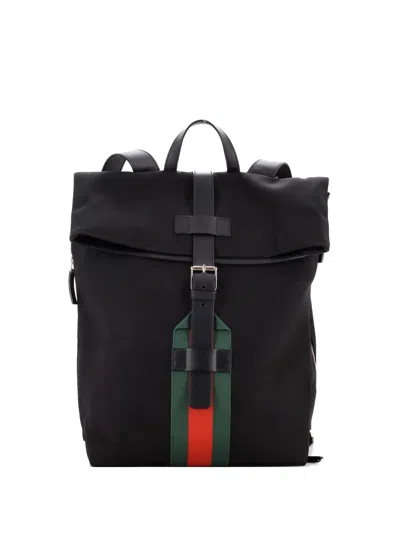Pre-owned Gucci Web Fold Over Techno Canvas Medium Backpack In Black