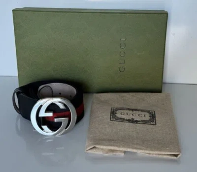 Pre-owned Gucci Web Gg Silver Buckle Leather/fabric Belt Blue/red 80/32 Italy 411924