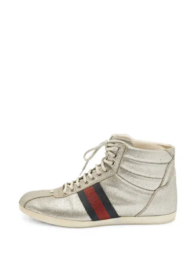 Pre-owned Gucci Web Glitter High-top Sneakers In Gray