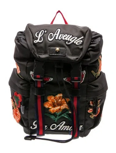 Pre-owned Gucci Web L Aveugle Par Amour Embroidered Techno Web Canvas Backpack Medium In Black