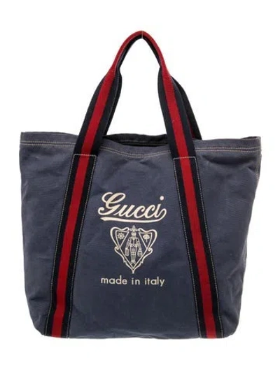 Pre-owned Gucci Web Large Coat Of Arms Tote Bag Large In Blue