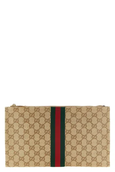 Gucci 'web' Large Pouch In Beige