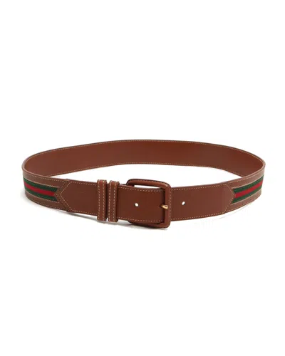 Pre-owned Gucci Web Leather Belt, Size 80 In Brown