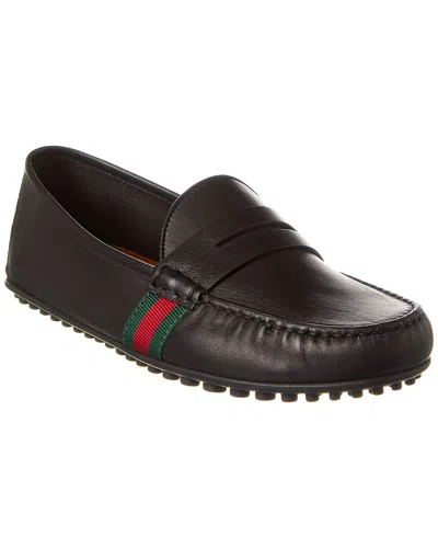 Gucci Web Leather Driver In Black