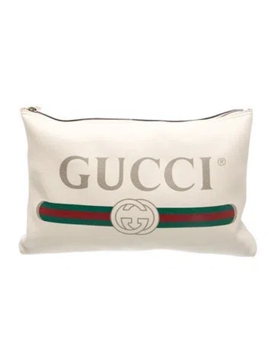 Pre-owned Gucci Web Logo Portfolio Pouch Large In Neutral