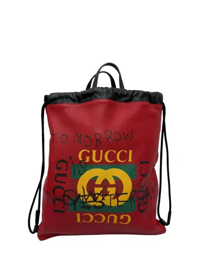 Pre-owned Gucci Web Logo-print Drawstring Backpack In Red