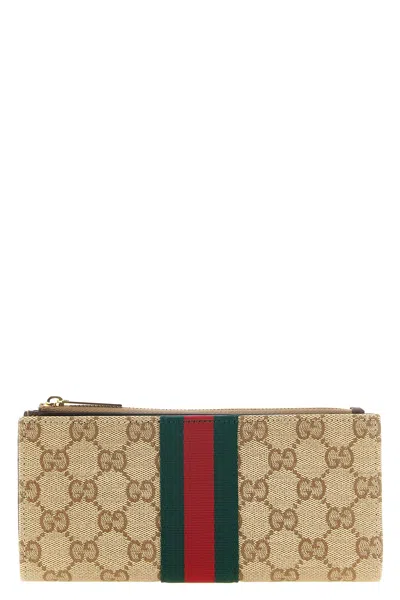 Gucci 'web' Long Wallet In Beige