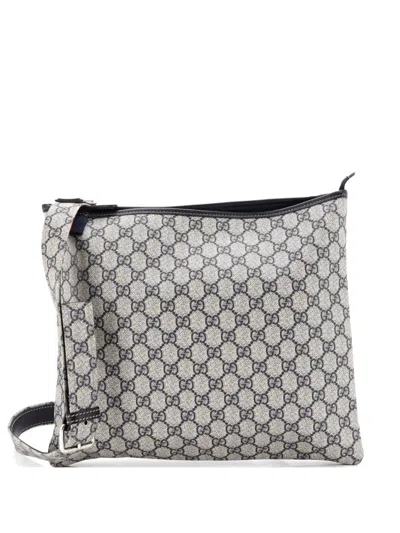 Pre-owned Gucci Web Loop Flat Messenger Gg Coated Canvas Large Crossbody Bag In Blue