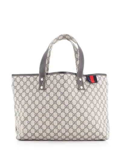 Pre-owned Gucci Web Loop Gg Coated Canvas Medium Tote Bag In Blue