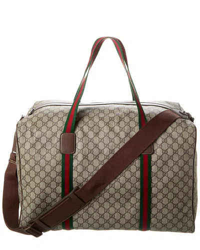 Gucci Web Maxi Gg Supreme Canvas & Leather Duffel Bag In Beige