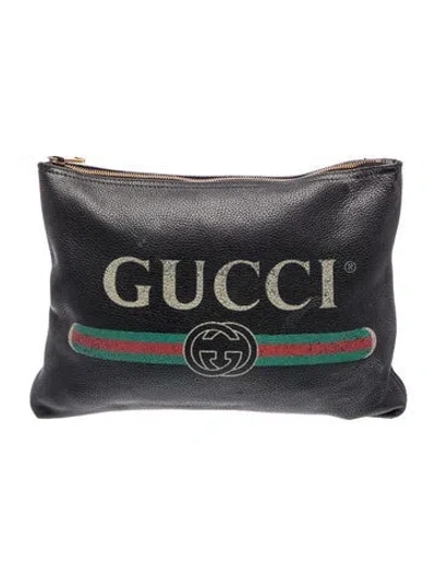 Pre-owned Gucci Web Medium Leather Logo Portfolio Clutch Medium In Black