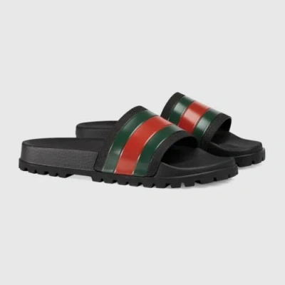 Pre-owned Gucci Web Men's Rubber Slide Sandal - Black Rubber, Us 11