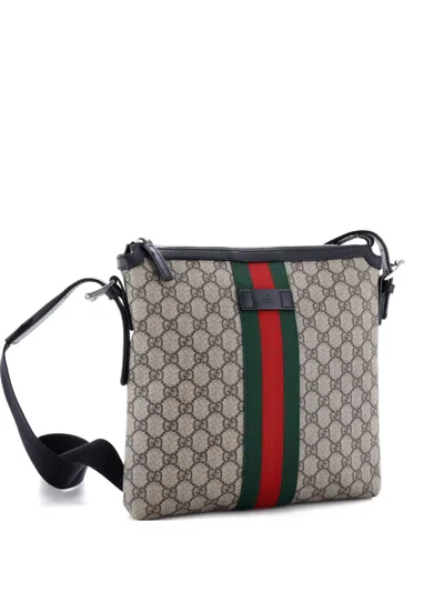 Pre-owned Gucci Web Messenger Bag Gg Coated Canvas Medium Crossbody Bag In Black