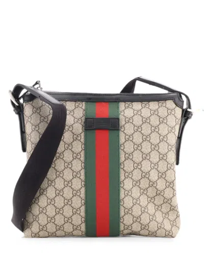 Pre-owned Gucci Web Messenger Bag Gg Coated Canvas Medium Crossbody Bag In Black